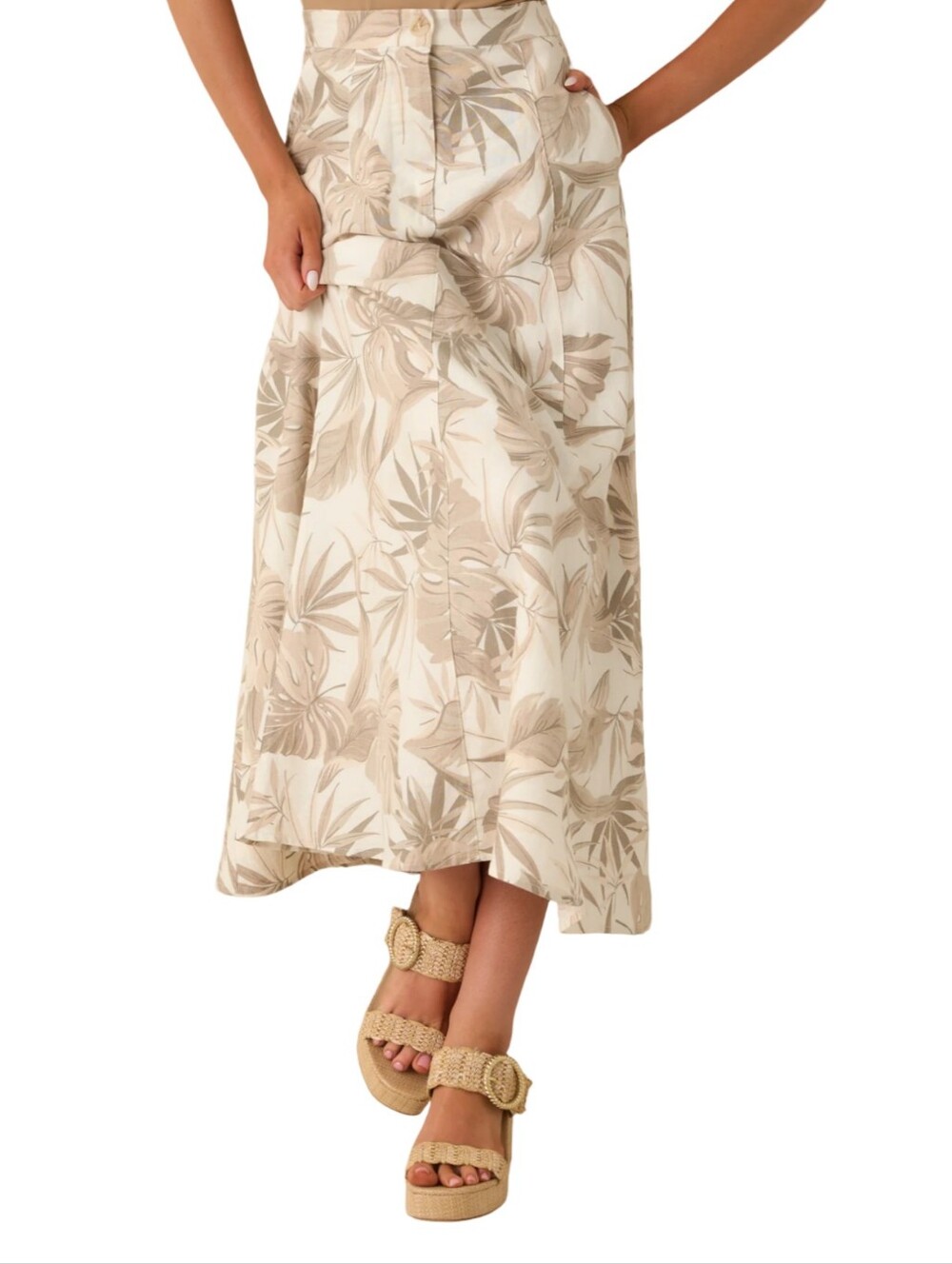 Neutral Leaf-Print Midi Skirt - Beige/Cream Linen* Size Medium